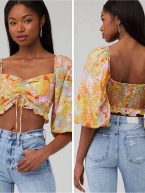 Show Me Your MuMu Floral Ruched Puff-Sleeve Crop Top - Yellow, Pink, Orange
